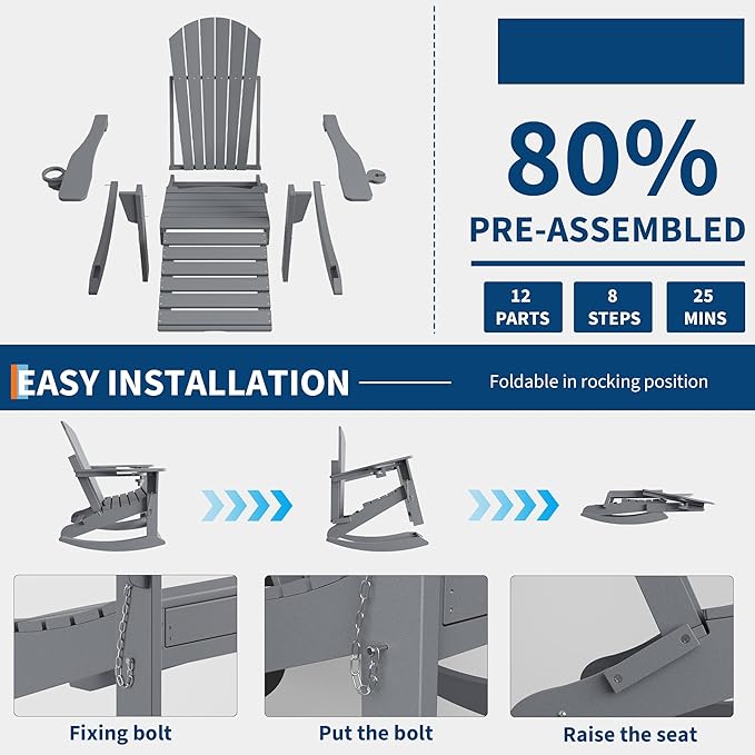 GarveeLife Adirondack Outdoor Rocking Chairs for Porch, Folding Adirondack Rocker Chair With Two Cup Holders, HDPE All Weather Outdoor Adirondacks Rocking Chair