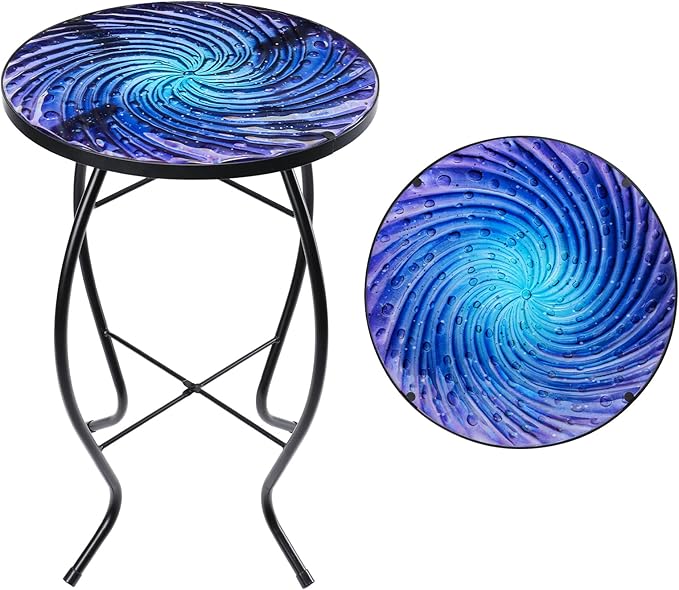 MUMTOP Outdoor End Tables for Patio, Deep Sea Round Side Table, Glass Accent Table for Outside, Garden, Balcony, Porch - Photo 1
