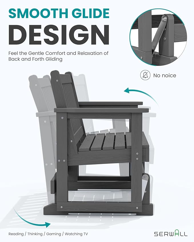 SERWALL Outdoor Glider Bench Set of 4, HDPE Weather-Resistant Swinging Bench for Backyard Garden Porch, Grey - Photo 3