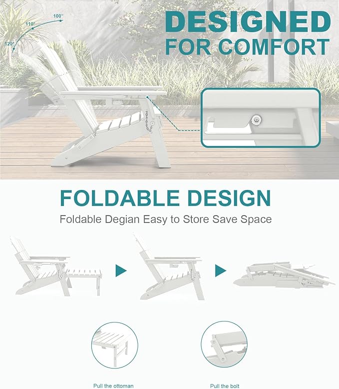 FOOWIN Adjustable Adirondack Chair with Retractable Ottoman, Folding Adirondack Chair with Cup Holder, HDPE All-Weather Fire Pit Chair for Patio, Yard, Poolside, White