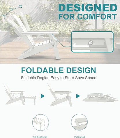 FOOWIN Adjustable Adirondack Chair with Retractable Ottoman Set of 6, Folding Adirondack Chair with Cup Holder, HDPE All-Weather Fire Pit Chair for Patio, Yard, Poolside, White
