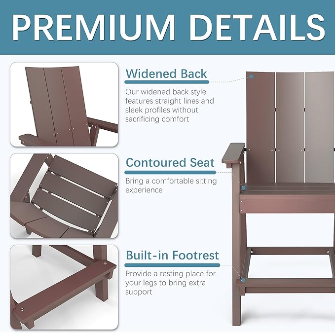 Tall Adirondack Chair Set of 2, HDPE Balcony Chairs with Connecting Tray, Two Cup Holders, All-Weather Adirondack Bar Stools for Patio, Balcony, Backyard, Poolside, Coffee