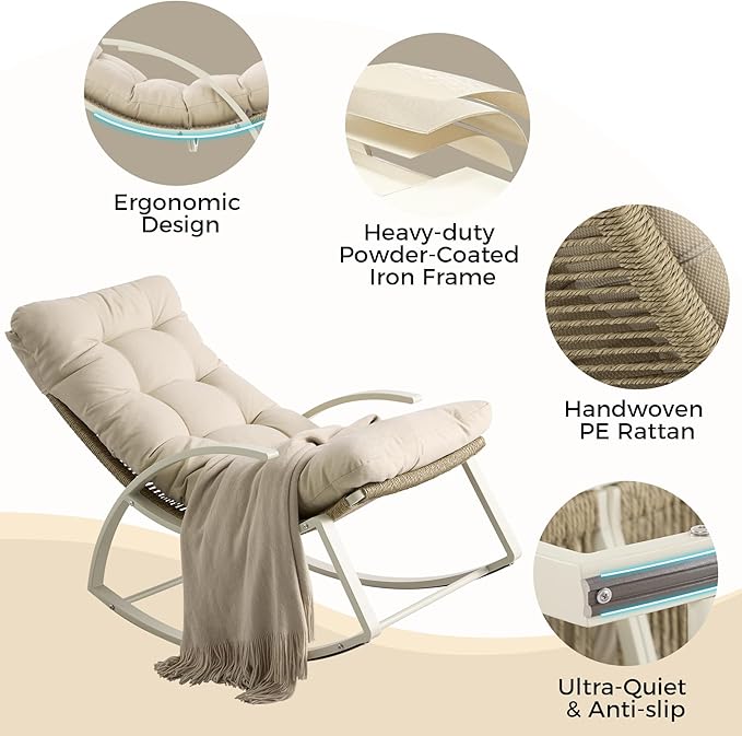 IRONCK Patio Rocking Chair, Outdoor Rocking Chair with Armrest and Cushion, Handwoven Twisted Rattan Rocker for Indoor Living Room Balcony Garden Porch, Beige