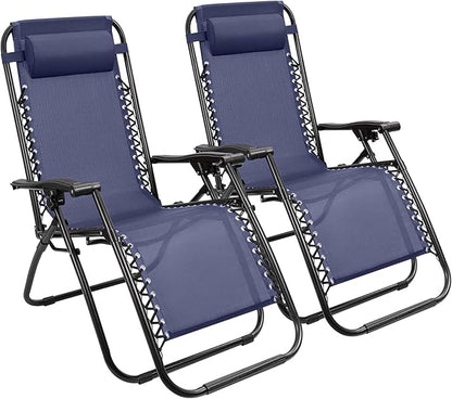 Devoko Patio Zero Gravity Chair Outdoor Folding Adjustable Reclining Chairs Pool Side Using Lawn Lounge Chair with Pillow Set of 2 (Dark Blue)