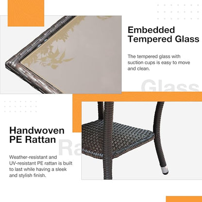 Patiorama Outdoor Wicker Patio Side Table, Weather Resistant Rattan Coffee Table, Square End Table, Aluminum Frame, Espresso Brown