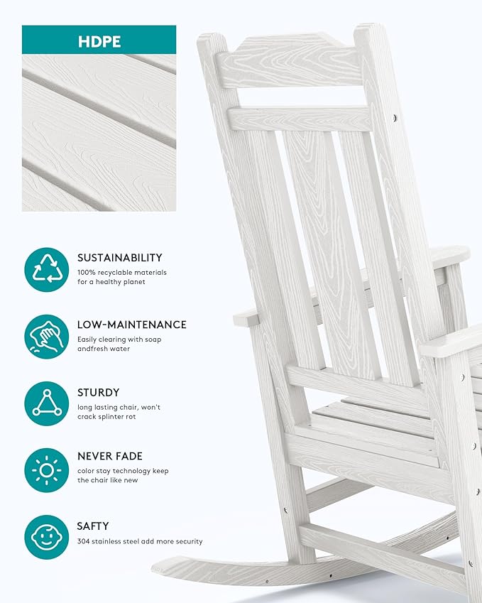 SERWALL HDPE Outdoor Rocking Chair for Adults, Outdoor Rocking Chairs Set of 6, Patio Rocking Chair Sets, White
