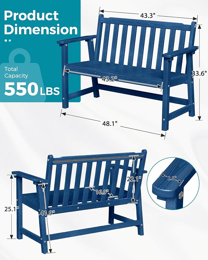 Outdoor Bench, 2-Person HDPE Garden Bench, All Weather Poly Patio Bench for Outdoors, Garden, Backyard, Porch and Park - Photo 3