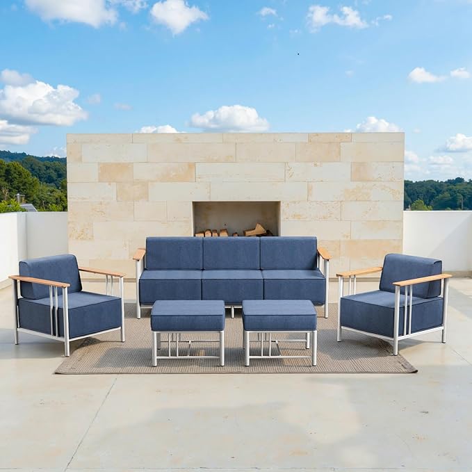 10-inch Thick Cushion Outdoor Furniture Set of 5, Patio Chair Set with Sofa,Wood Grain armrests, trapezoidal backrest - Photo 1