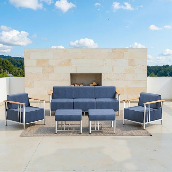 10-inch Thick Cushion Outdoor Furniture Set of 5, Patio Chair Set with Sofa,Wood Grain armrests, trapezoidal backrest - Photo 1