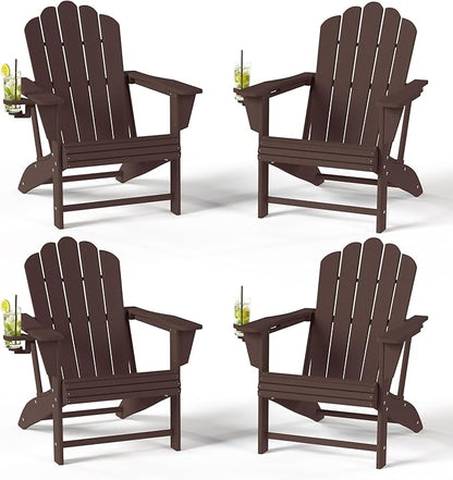 Costaelm Lakeview Outdoor Patio HDPE Adirondack Chairs with Cup Holders (Set of 4), Dark Brown