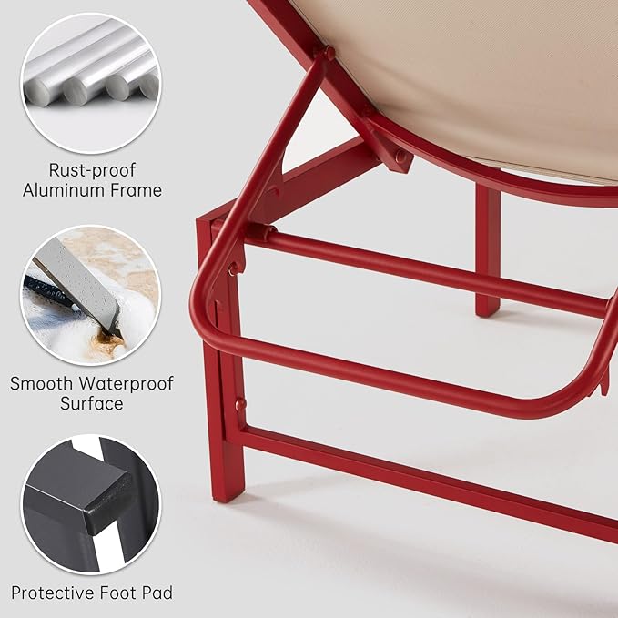 Lounge Chair Outdoor Set of 2, Foldable & Assembly Free Aluminum Chaise Lounge Chair with 5-Position Recliner, Pool Lounge Chairs for Outside Poolside Beach Lawn (Red)