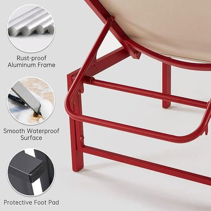 Lounge Chair Outdoor Set of 2, Foldable & Assembly Free Aluminum Chaise Lounge Chair with 5-Position Recliner, Pool Lounge Chairs for Outside Poolside Beach Lawn (Red)
