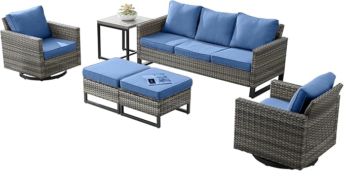 Wicker Outdoor Patio Furniture Set - 6 Piece Patio Conversation Set with 2 Swivel Rocker Chairs, 2 Rattan Ottoman - Photo 2
