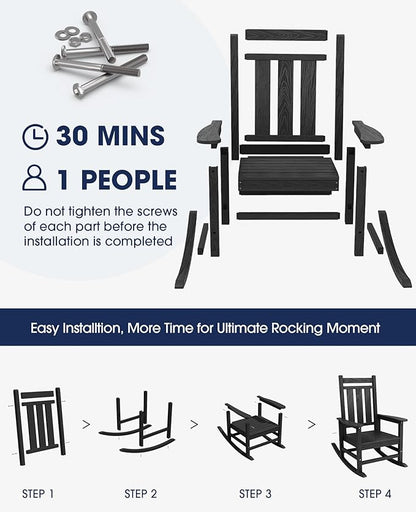 KINGYES Oversized Outdoor Rocking Chair Set of 8, All-Weather Patio Rocking Chairs for Porch, HDPE Outdoor Patio Rockers with High Back & Wide Seat for Garden, Lawn, Black
