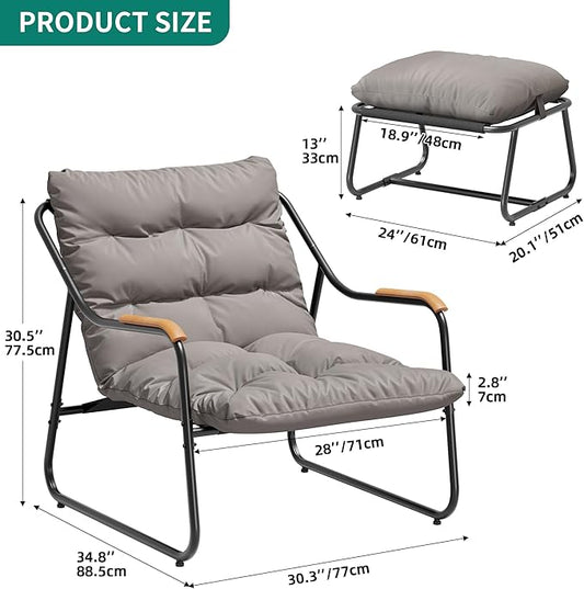 YITAHOME Patio Lounge Chair with Ottoman Set of 2, Oversized Papasan Chair with Soft Cushion, Indoor/Outdoor Textilene Lounge with Teak Wood Handrail and Footstool for Living Room, Porch, Backyard
