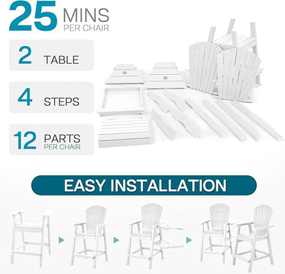 Tall Adirondack Chairs Set of 8, HDPE Balcony Chair with Double Connecting Tray, Weather Resistant Outdoor Adirondack Bar Stools for Patio, Deck, Patio, Backyard, Balcony. (White)