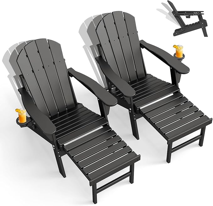 GREENVINES Adjustable Adirondack Chair with Retractable Ottoman Set of 2 | Folding | HDPE Plastic - Photo 1
