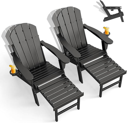 GREENVINES Adjustable Adirondack Chair with Retractable Ottoman Set of 2 | Folding | HDPE Plastic | Fire Pit Chairs w/Foot Rest | 2 Cup Holders | Black | for Outdoor Patio Poolside Deck