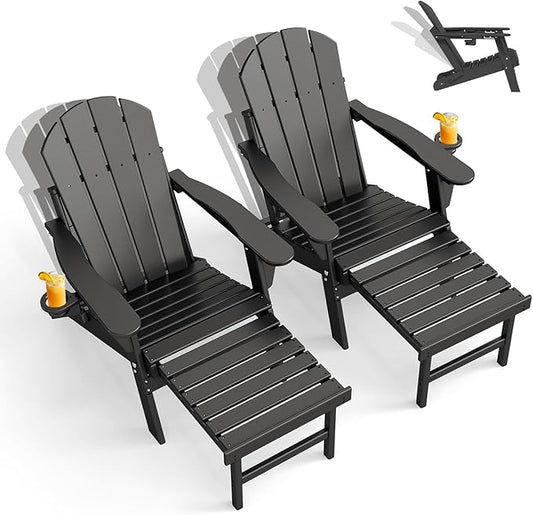GREENVINES Adjustable Adirondack Chair with Retractable Ottoman Set of 2 | Folding | HDPE Plastic | Fire Pit Chairs w/Foot Rest | 2 Cup Holders | Black | for Outdoor Patio Poolside Deck
