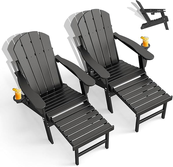 GREENVINES Adjustable Adirondack Chair with Retractable Ottoman Set of 2 | Folding | HDPE Plastic - Photo 1