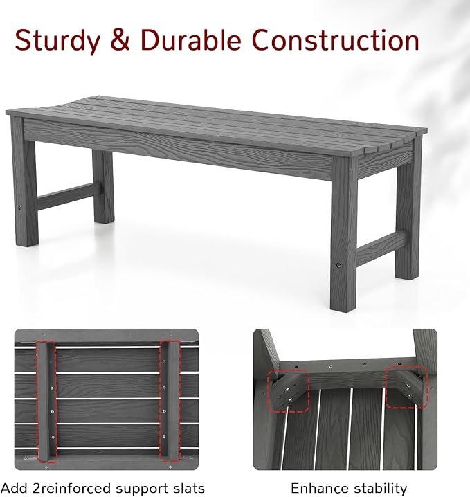 Stoog Outdoor Bench, 2-Person Outdoor Dining Bench, All-Weather HIPS Garden Bench for Patio, Backyard, Porch, and Entryway, Grey