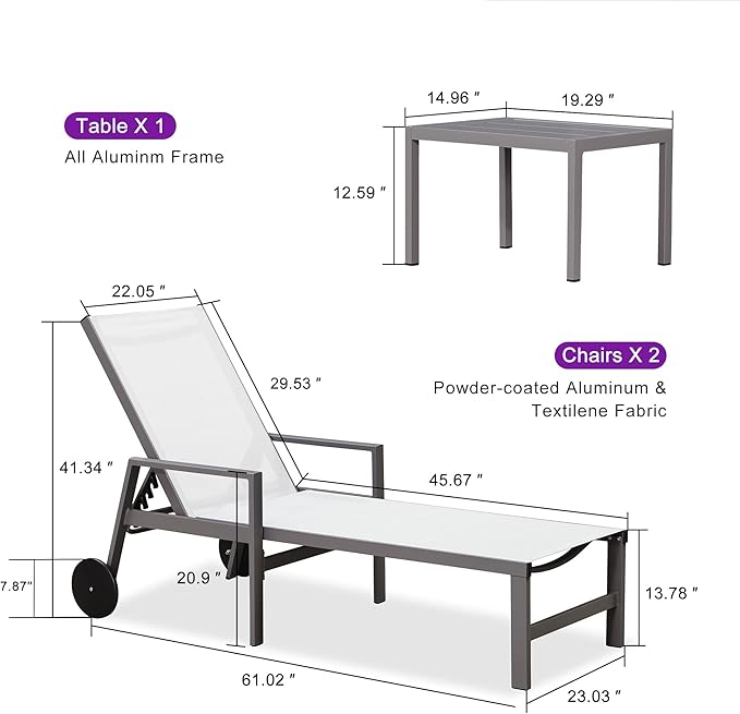 PURPLE LEAF Outdoor Chaise Lounge Set for 2 Aluminum Patio Chaise Lounger Chairs with Armrest and Wheels Adjustable - Photo 3