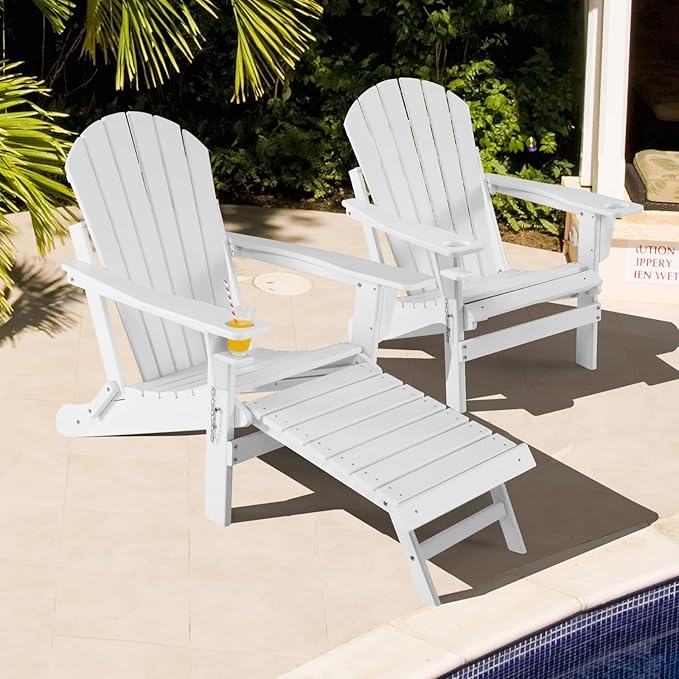 Giantex Folding Adirondack Chair, HDPE Patio Chairs Fire Pit Lounge Chair W/Retractable Ottoman & Cup Holder, Weatherproof Outdoor Adirondack Chairs for Porch, Garden, Backyard (1, White)