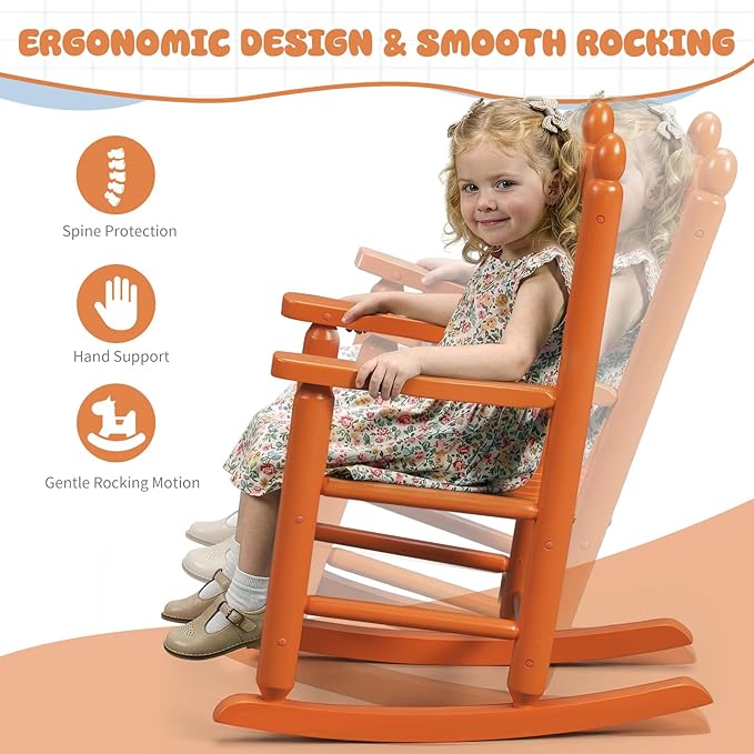 Outvita Kids Rocking Chair, Ergonomic Sturdy Toddler Rocking Chair with High Backrest & Rounded Armrests, Safe Solid Wood Baby Rocker Chair for Age 3-6, Outdoor, Living Room, Reading Room(Orange)
