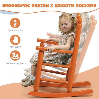 Outvita Kids Rocking Chair, Ergonomic Sturdy Toddler Rocking Chair with High Backrest & Rounded Armrests, Safe Solid Wood Baby Rocker Chair for Age 3-6, Outdoor, Living Room, Reading Room(Orange)