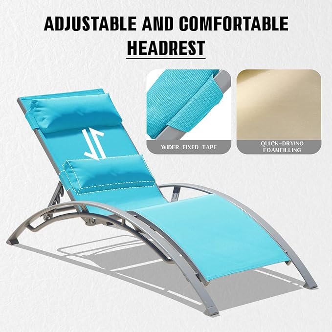 Domi Pool Lounge Chairs Set of 2, Adjustable Aluminum Outdoor Chaise Lounge Chairs, All Weather for Deck Lawn Poolside Backyard -Lake Blue Textilene