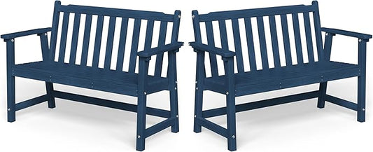 Ciokea 48" Outdoor Bench Set of 2, HDPE Weatherproof Garden Bench, 2-Person Memorial Benches with 550 Lbs, Waterproof Patio Porch Benches for Outside Business Deck Office Backyard Balcony, Navy Blue
