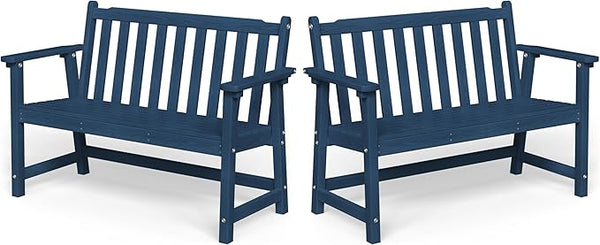 Ciokea 48" Outdoor Bench Set of 2, HDPE Weatherproof Garden Bench, 2-Person Memorial Benches with 550 Lbs, Waterproof Patio Porch Benches for Outside Business Deck Office Backyard Balcony, Navy Blue
