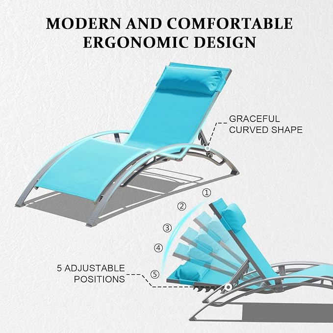 Domi Pool Lounge Chairs Set of 2, Adjustable Aluminum Outdoor Chaise Lounge Chairs, All Weather for Deck Lawn Poolside Backyard -Lake Blue Textilene