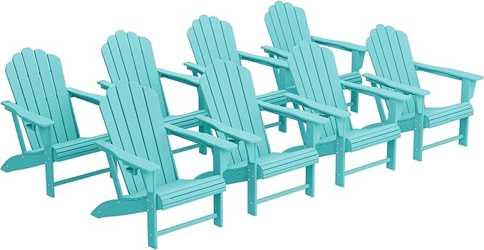Costaelm Lakeview Outdoor Patio HDPE Adirondack Chairs with Cup Holders (Set of 8), Turquoise