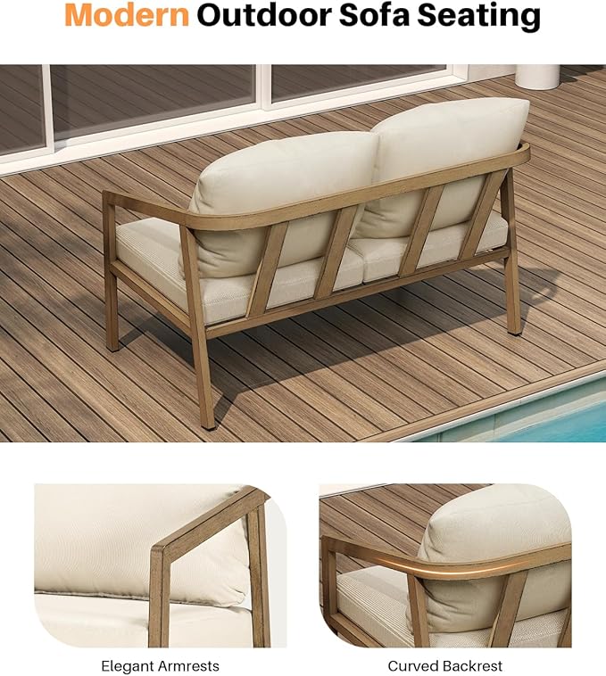 Teak Outdoor Patio Loveseat, Never-Rust Aluminum Outdoor Loveseat Couch with Thick Cushions, Modern 2-Seater Patio Sofa Bench, Outdoor Sofa Loveseat Furniture for Deck, Poolside | Never-Rust, Wood-Grain Texture, Wraparound Design, Removable Cushions