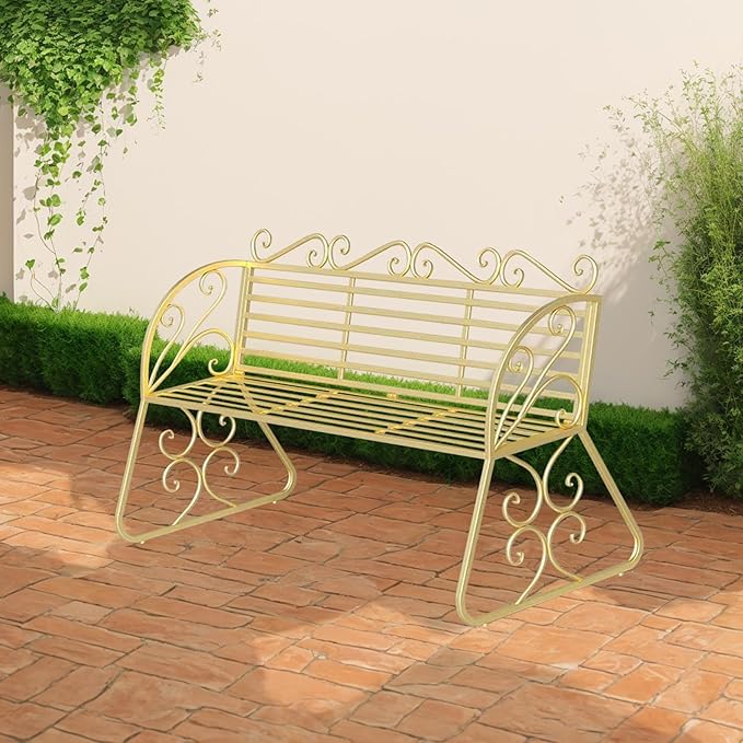 2-Seat Patio Porch Bench 45"，Outdoor Metal Garden Bench，Weather Proof Porch Path Chair，Patio Bench with Backrest and Armrests，Patio Bench for Lawn Path Yard Decor Deck Furniture(Gold)