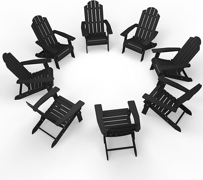 MXIMU Folding Adirondack Chair for Outdoor: Easy to Assemble and Comfortable Adirondack Chairs Set of 8 - All Weather Composite Plastic Chair for Outside Fire Pit Patio Lawn Garden Backyard Use(Black)