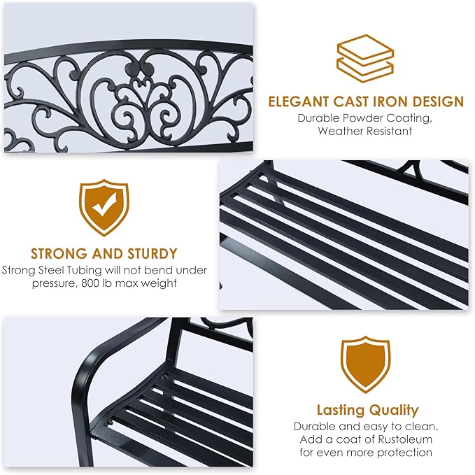 Simply Elegant Flora Metal Park Patio Bench, Outdoor Bench in Black for Porch, Lawn, Garden, Deck by Sun-Ray