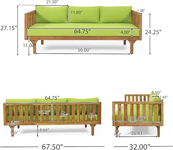 Claremont Outdoor 3 Seater Daybed with Cushions - Acacia Wood - Teak/Green - Photo 4