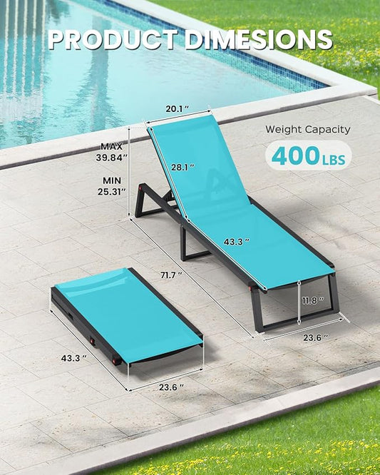 Aluminum Chaise Lounge Outdoor Set of 2, Foldable & Assembly Free Patio Pool Lounge Chairs 5-Position Recliner for Outside Poolside, Fully Grounded Legs Sun Lounger for Beach, Yard, Lake Blue