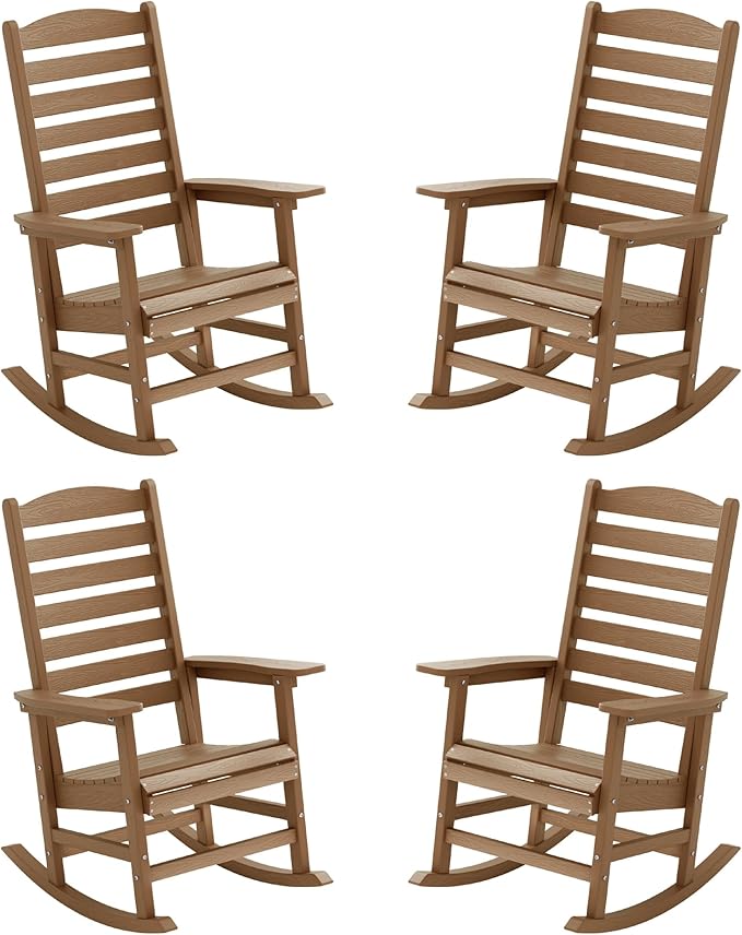 YEFU Outdoor Rocking Chair Set of 4,Poly Porch Rocker with Curved Backrest,All Weather Patio Rocking Chair,Like Real Wood,for Indoor,Lawn, Backyard,Garden,Heavy Duty,Weight Capacity 380lbs(Teak)