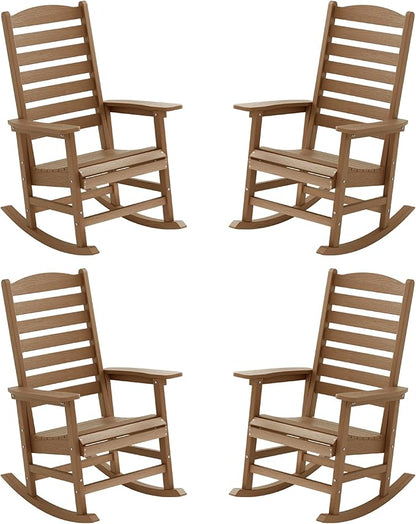YEFU Outdoor Rocking Chair Set of 4,Poly Porch Rocker with Curved Backrest,All Weather Patio Rocking Chair,Like Real Wood,for Indoor,Lawn, Backyard,Garden,Heavy Duty,Weight Capacity 380lbs(Teak)