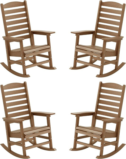 YEFU Outdoor Rocking Chair Set of 4,Poly Porch Rocker with Curved Backrest,All Weather Patio Rocking Chair,Like Real Wood,for Indoor,Lawn, Backyard,Garden,Heavy Duty,Weight Capacity 380lbs(Teak)