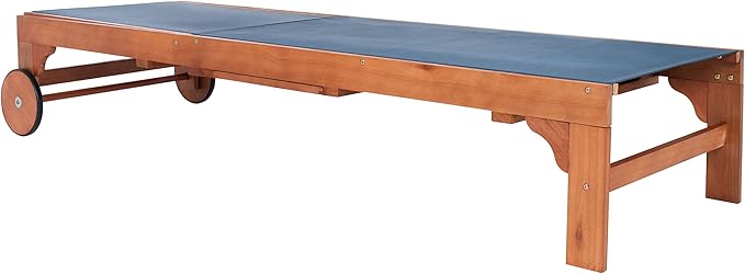 SAFAVIEH Outdoor Collection Ralden Natural Brown Solid Wood/Navy Fabric Adjustable Chaise Lounge Chair (PAT7070B)