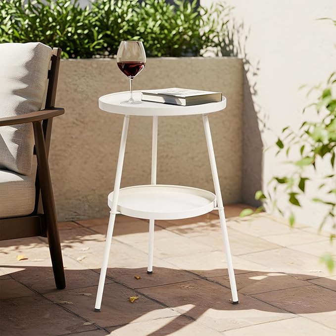 Outvita Outdoor Round Side Table, Small Metal End Table Black Coffee Table for Patio Lawn Garden Living Room Bedroom Sturdy (Double Layer, Creamy White)