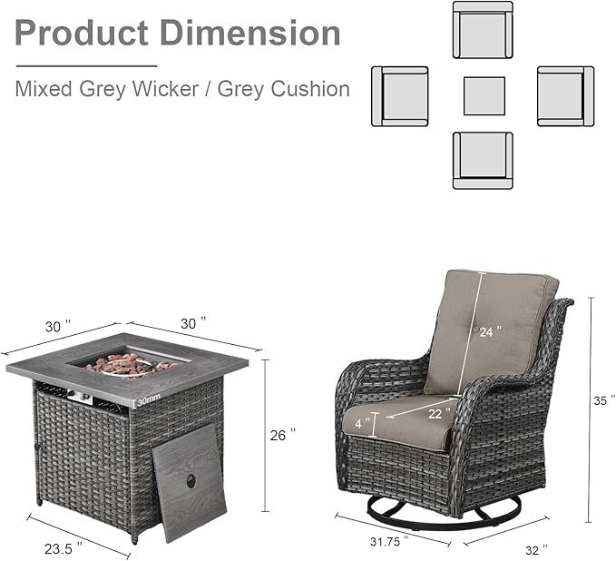 Belord Patio Furniture Set with Fire Pit Table, Outdoor Swivel Rocker Patio Chairs, Wicker Furniture Set Ideal for Porch - Photo 2