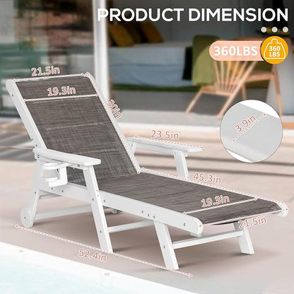 Outdoor Chaise Lounge Chair with Textilene Surface, 5-Position Adjustable Patio Lounge Chair with Wheels & Cup Holder, HDPE Pool Lounge Chair for Outside, Poolside & Beach (Grey-Brown, 1)