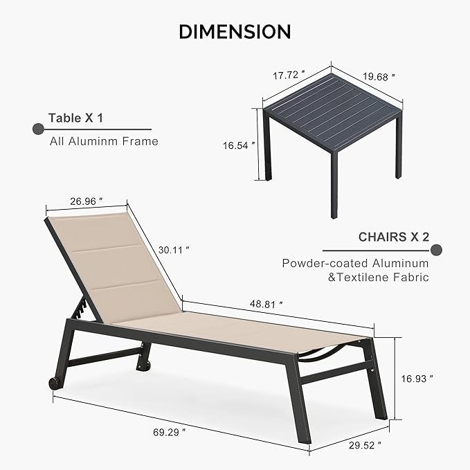 PURPLE LEAF Extra Large Outdoor Chaise Lounge 4 Pieces Aluminum Patio Lounge Chair with Wheels Reclining Chair for Patio Pool Beach Sunbathing Beige Oversized Lounger