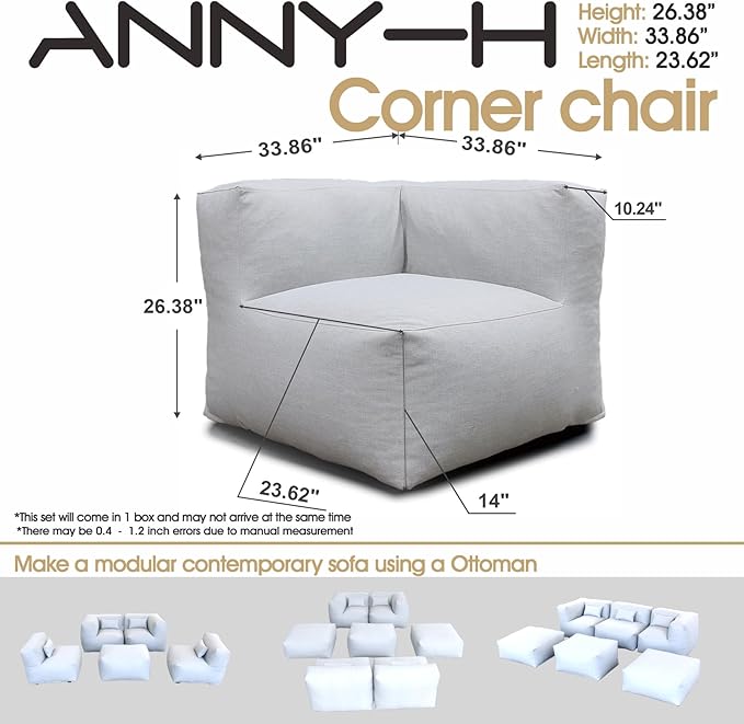 Dineli Modern Coner Chair Arm-Rest Chair Outdoor Furniture Comfy Patio Couch Sofa Outdoor Bean Bag Chair Creating a Unique Patio Garden Modular Contemporary Sofa, Lazy Sofa for Outside (Light Gray)