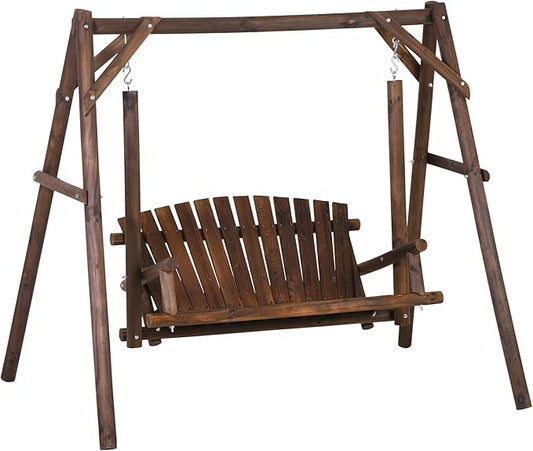 Outsunny 2-Seat Porch Swing with Stand, Wooden Patio Swing Chair Bench, for Garden, Poolside, Backyard, Brown